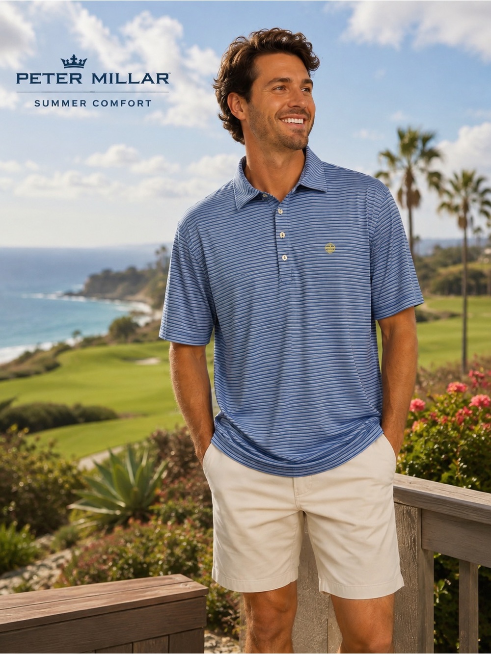Peter Millar Blue Striped Polo with Subtle Logo